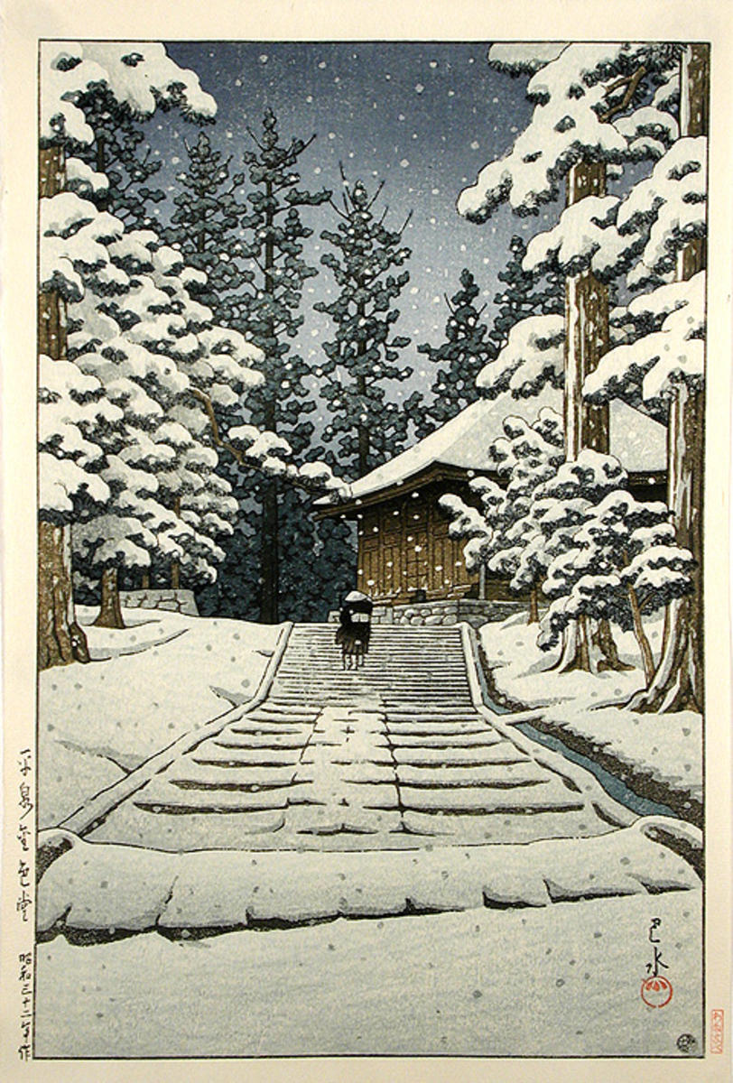 Kawase_Hasui-No_Series-Konjikido_in_Snow_Hiraizumi