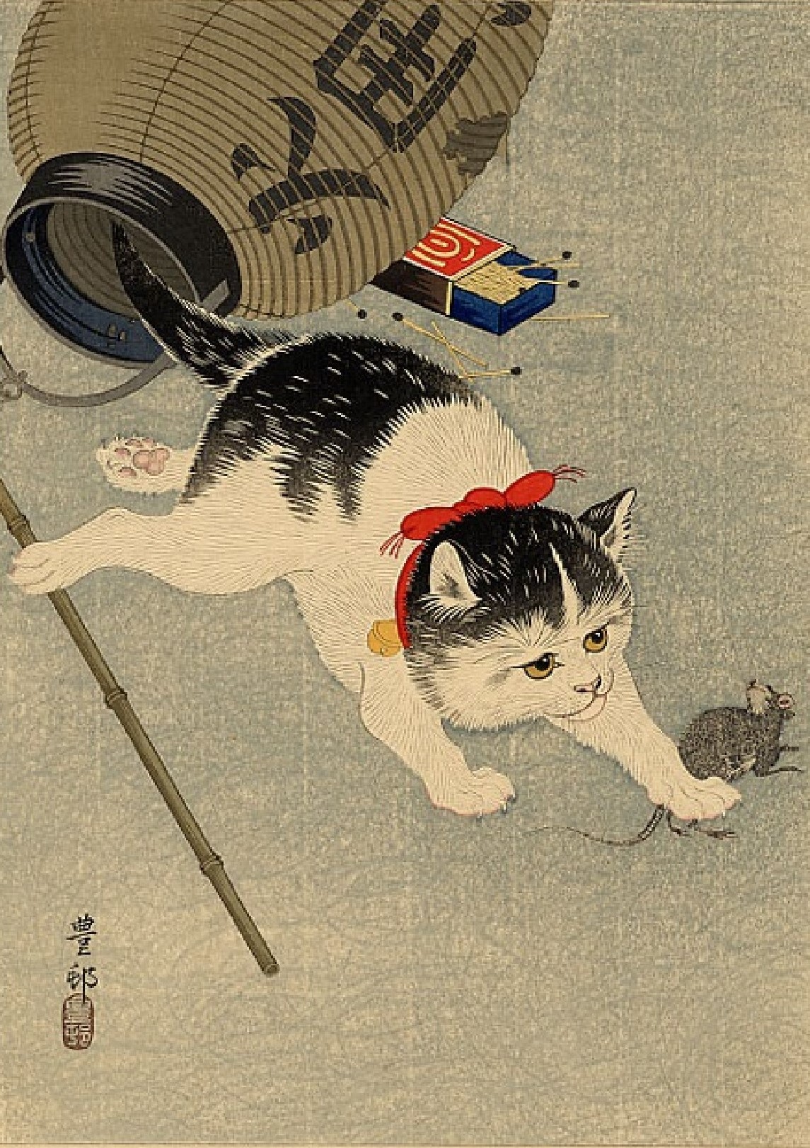 Cat Catching Mouse, print by Ohara Koson